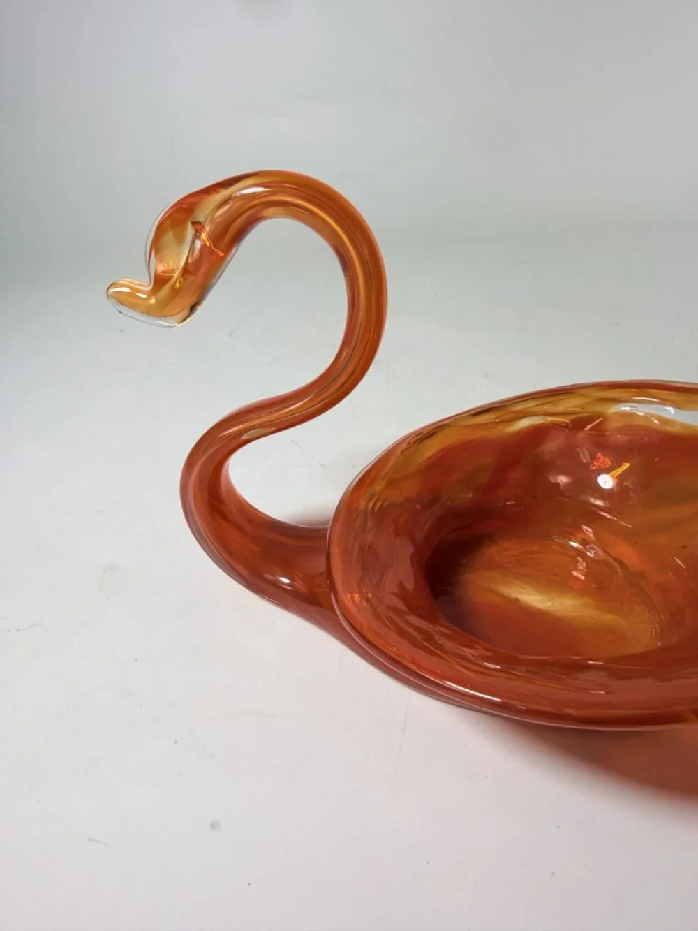 Vase Bowl Swan Vintage Sooner Glass Opalescent Orange Hand-Blown MCM Art Home De